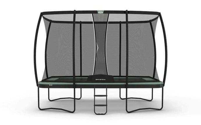 regular green rectangular trampoline with XL safety net