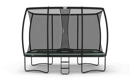 regular green rectangular trampoline with XL safety net