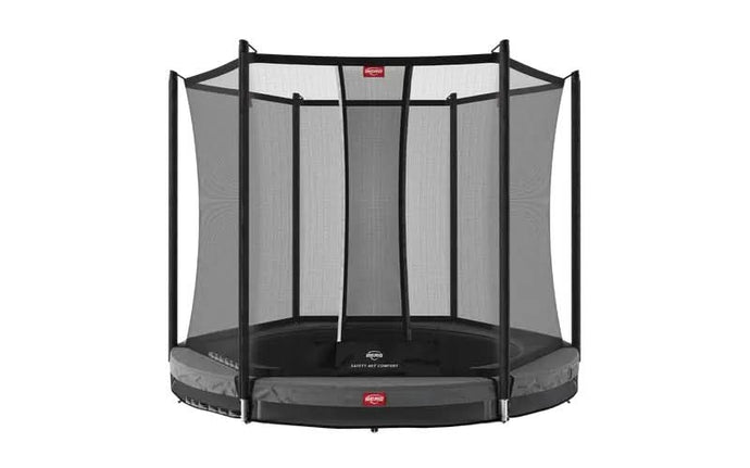 grey inground trampoline with safety net