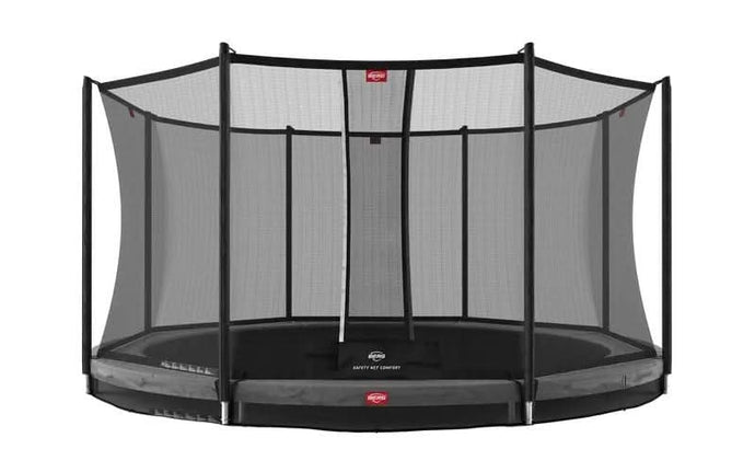 grey inground trampoline with net