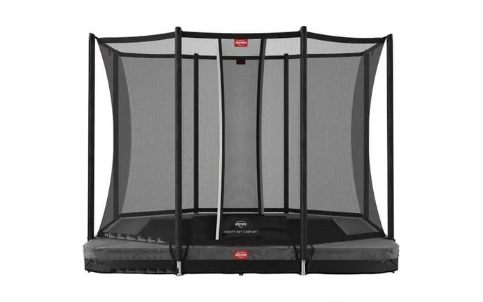 grey rectangular inground trampoline with safety net