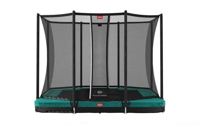 green rectangular inground trampoline with safety net