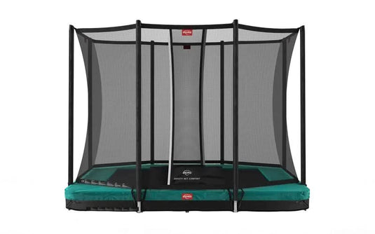 green rectangular inground trampoline with safety net
