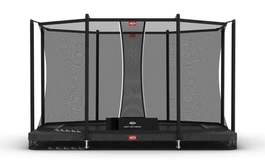 grey rectangular inground trampoline with safety net