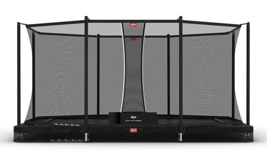black rectangular inground trampoline with safety net