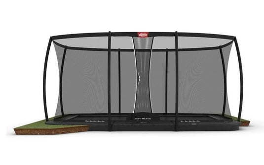 grey rectangular flatground trampoline with XL safety net 