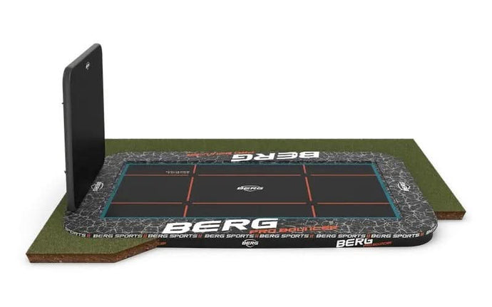 pro bouncer flatground rectangular trampoline with 2 by 2 black and grey aerowall