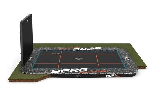 pro bouncer flatground rectangular trampoline with 2 by 2 black and grey aerowall
