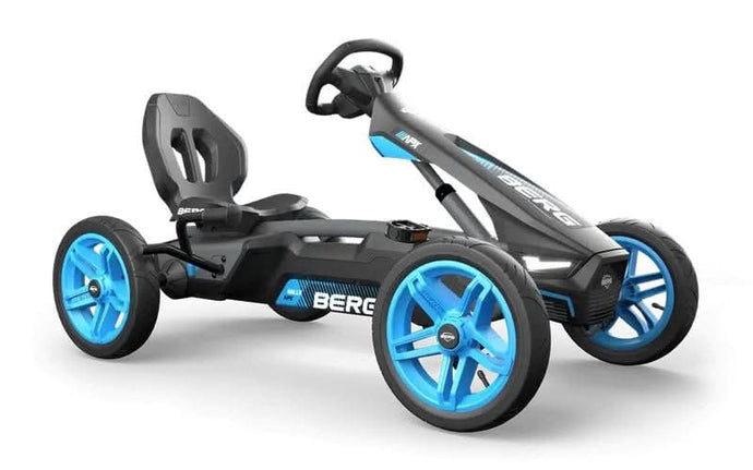 blue and grey rally go kart