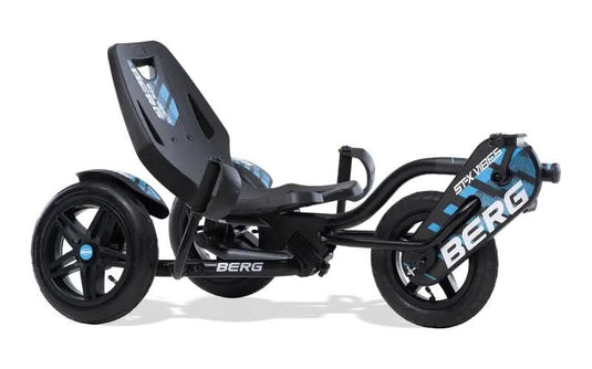blue and black go kart with 3 wheels