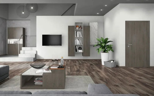 dundee walnut plank laminate flooring on display in a living area