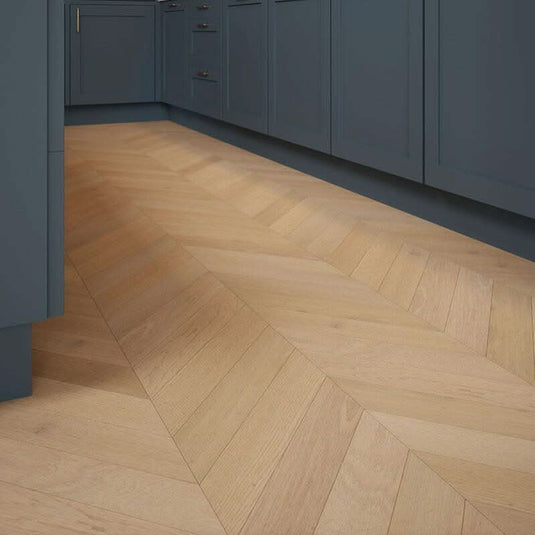 mountain mist chevron rustic oak flooring displayed in a kitchen