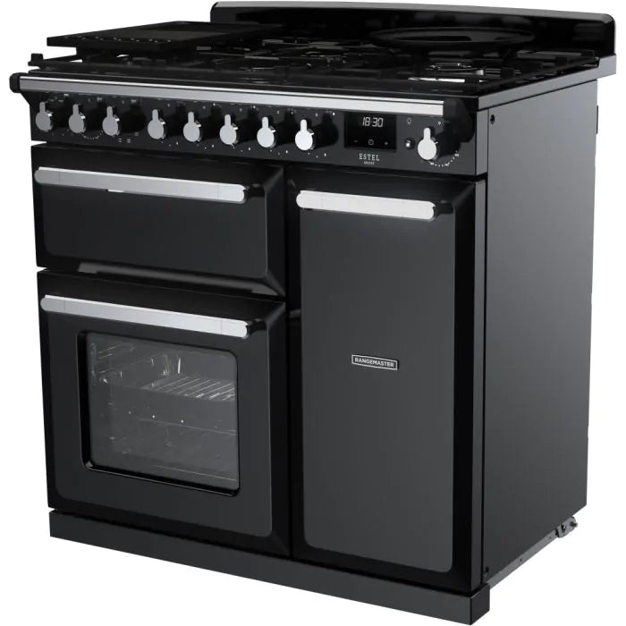 Завантажте зображення в засіб перегляду галереї, Rangemaster Estel Deluxe 90 | Dual Fuel | Gloss Black | Chrome Trim | ESDL90DFPGBL/CM1

