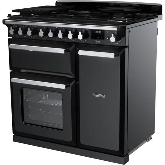 Rangemaster Estel Deluxe 90 | Dual Fuel | Gloss Black | Chrome Trim | ESDL90DFPGBL/CM1