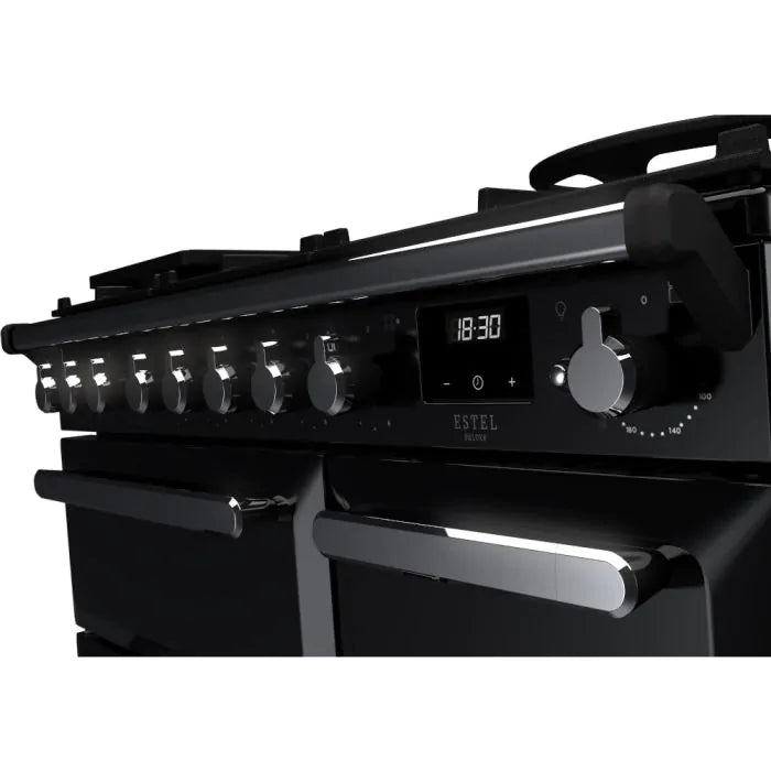 Завантажте зображення в засіб перегляду галереї, Rangemaster Estel Deluxe 90 | Dual Fuel | Gloss Black | Chrome Trim | ESDL90DFPGBL/CM1

