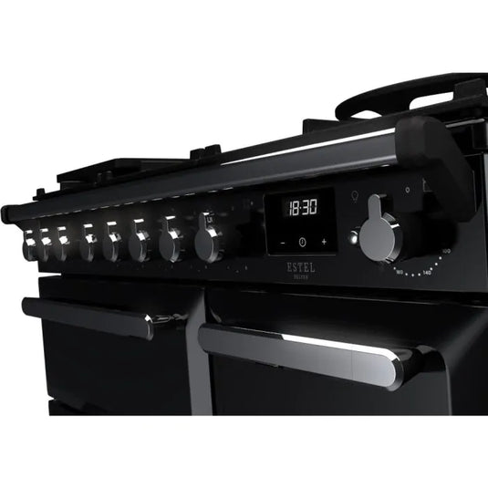 Rangemaster Estel Deluxe 90 | Dual Fuel | Gloss Black | Chrome Trim | ESDL90DFPGBL/CM1