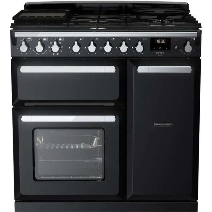 Rangemaster Estel Deluxe 90 | Dual Fuel | Gloss Black | Chrome Trim | ESDL90DFPGBL/CM1