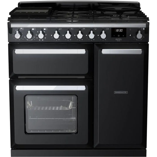 Rangemaster Estel Deluxe 90 | Dual Fuel | Gloss Black | Chrome Trim | ESDL90DFPGBL/CM1