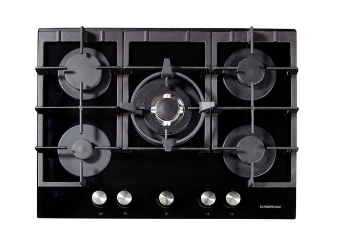 black glass gas hob with 5 burners