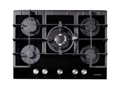 black glass gas hob with 5 burners