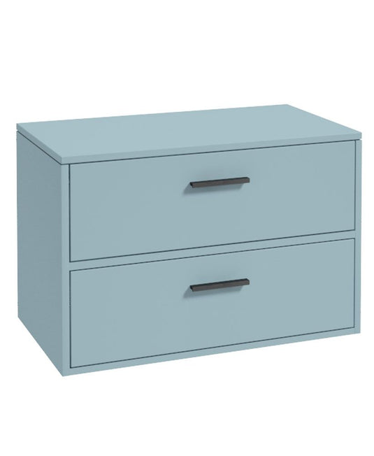 Light blue two-drawer vanity unit on a white background