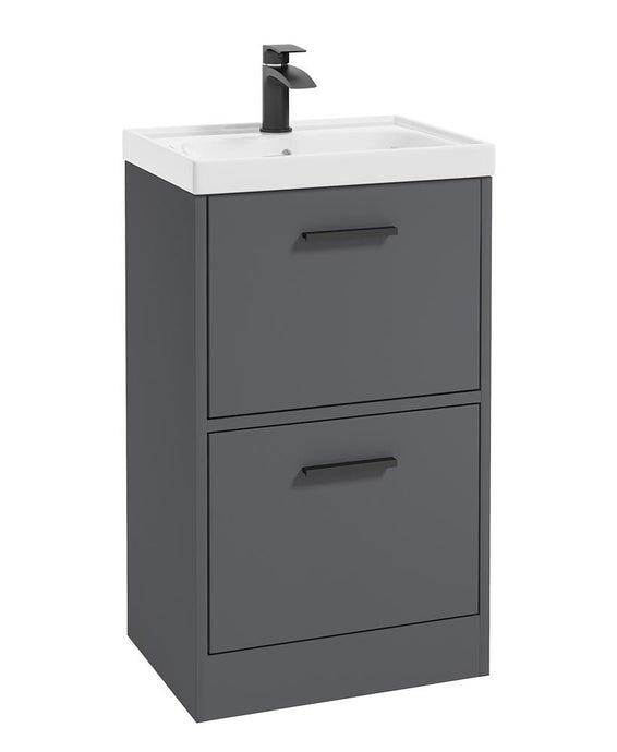 grey vanity with black handles