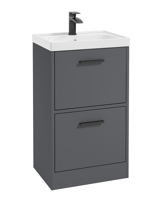 grey vanity with black handles