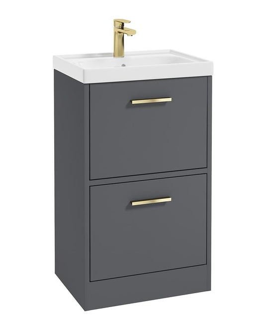 Sonas Finland Floorstanding 50Cm Two Drawer Vanity Unit | Matt Midnight Grey | Brushed Gold Handle | UF0892