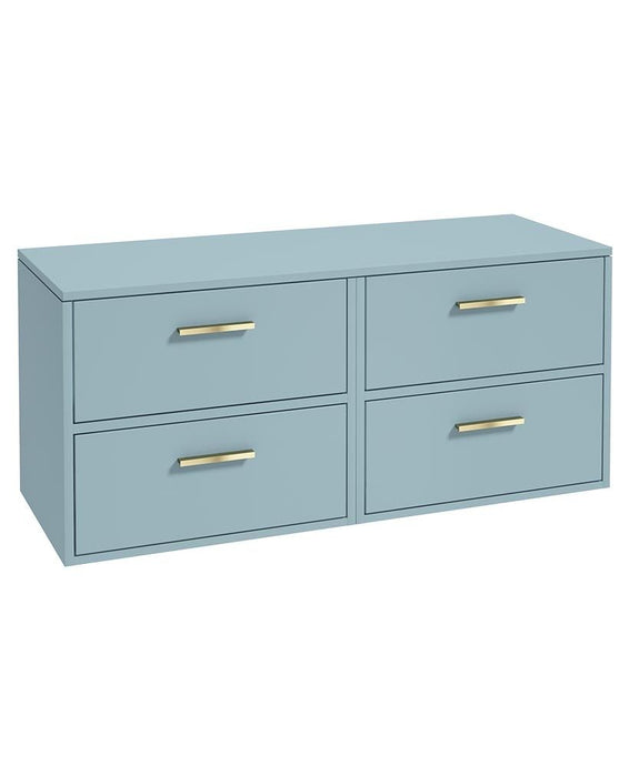 Sonas Finland Wall Hung 120Cm Four Drawer Countertop Vanity Unit | Matt Morning Sky Blue | Brushed Gold Handle | UF0952
