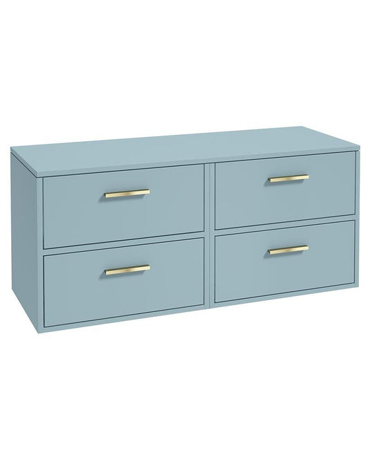 Sonas Finland Wall Hung 120Cm Four Drawer Countertop Vanity Unit | Matt Morning Sky Blue | Brushed Gold Handle | UF0952
