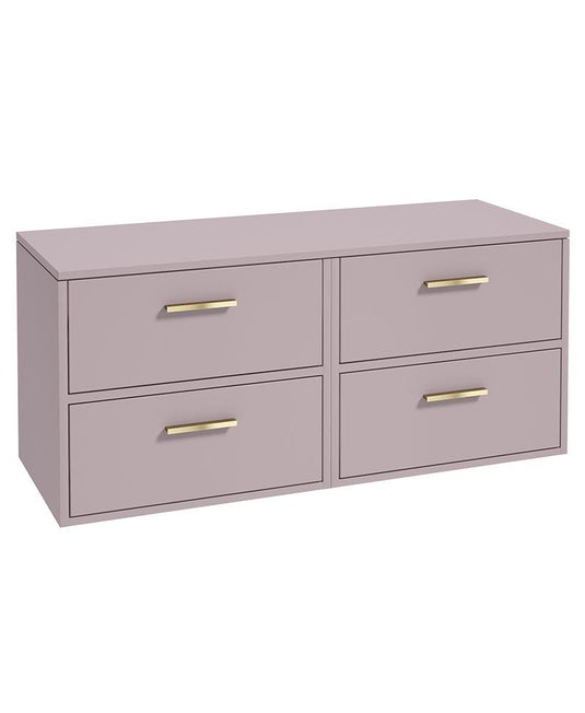 Sonas Finland Wall Hung 120Cm Four Drawer Countertop Vanity Unit | Matt Cashmere Pink | Brushed Gold Handle | UF0955