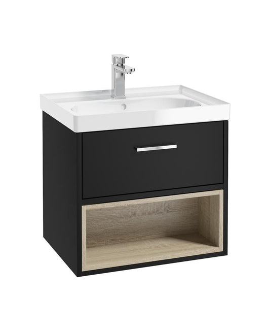 Sonas Malmo Wall Hung 60Cm Single Drawer Vanity Unit | Matt Black | Brushed Chrome Handle | Gloss Basin | UF0962