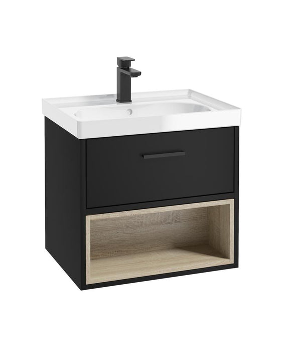 Sonas Malmo Wall Hung 60Cm Single Drawer Vanity Unit | Matt Black | Matt Black Handle | Gloss Basin | UF0963