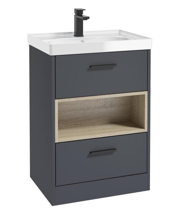 MALMO Floorstanding 60cm Two Drawer Unit Matt Night Sky Blue-Gloss Basin-Black Handles