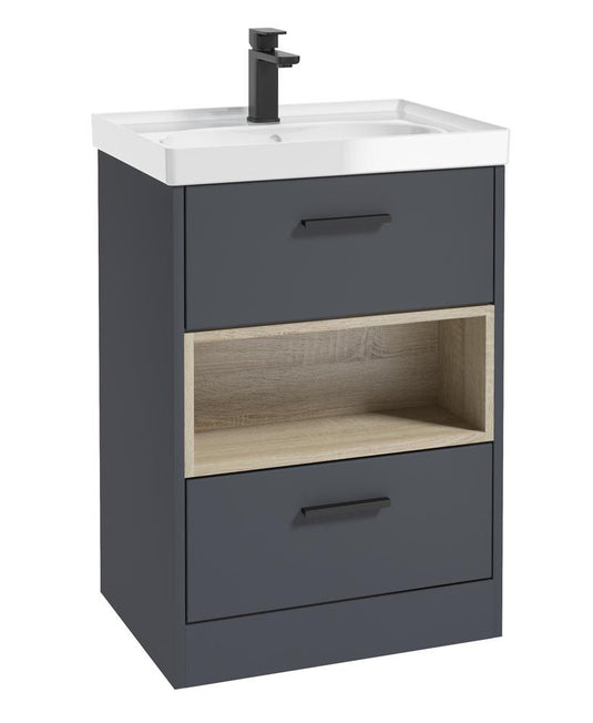 MALMO Floorstanding 60cm Two Drawer Unit Matt Night Sky Blue-Gloss Basin-Black Handles