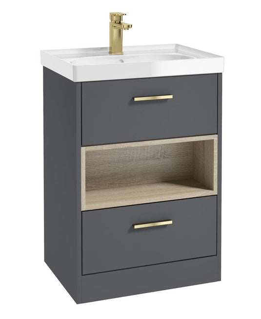MALMO Floorstanding 60cm Two Drawer Unit Matt Midnight Grey-Gloss Basin-Gold Handles