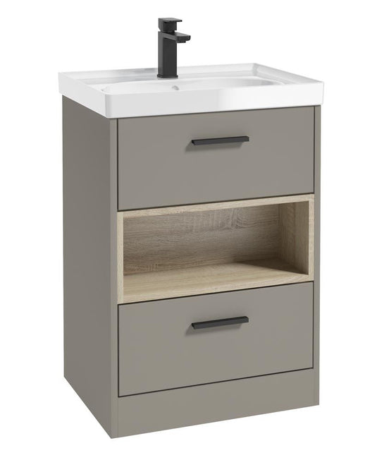 MALMO Floorstanding 60cm Two Drawer Unit Matt Khaki-Gloss Basin-Black Handles