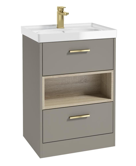 MALMO Floorstanding 60cm Two Drawer Unit Matt Khaki-Gloss Basin-Gold Handles