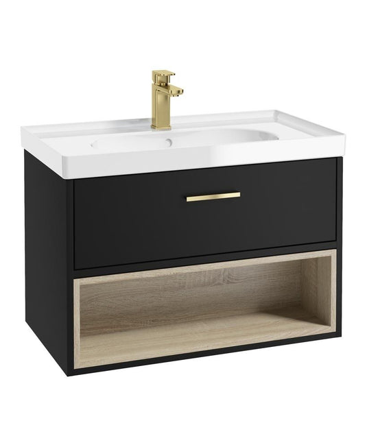 MALMO Wall Hung 80cm Single Drawer Unit Matt Black-Gloss Basin-Gold Handle