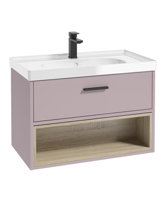 MALMO Wall Hung 80cm Single Drawer Unit Matt Cashmere Pink-Gloss Basin-Chrome Handle