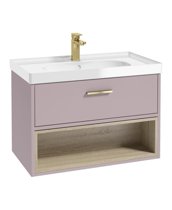 Sonas Malmo Wall Hung 80Cm Single Drawer Vanity Unit in Matt Cashmere Pink with Brushed Gold Handle