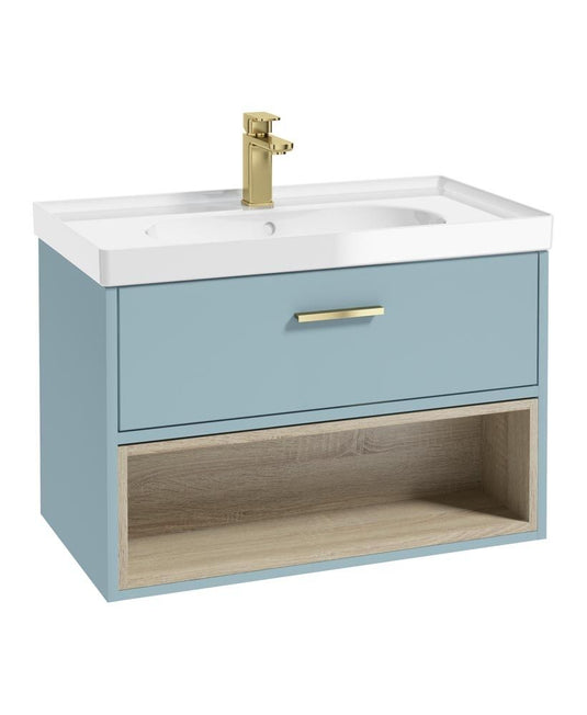 MALMO Wall Hung 80cm Single Drawer Unit Matt Morning Sky Blue-Gloss Basin-Gold Handle
