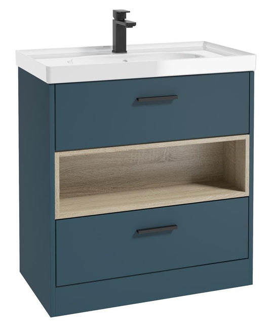 MALMO Floorstanding 80cm Two Drawer Unit Matt Ocean Blue-Gloss Basin-Black Handles