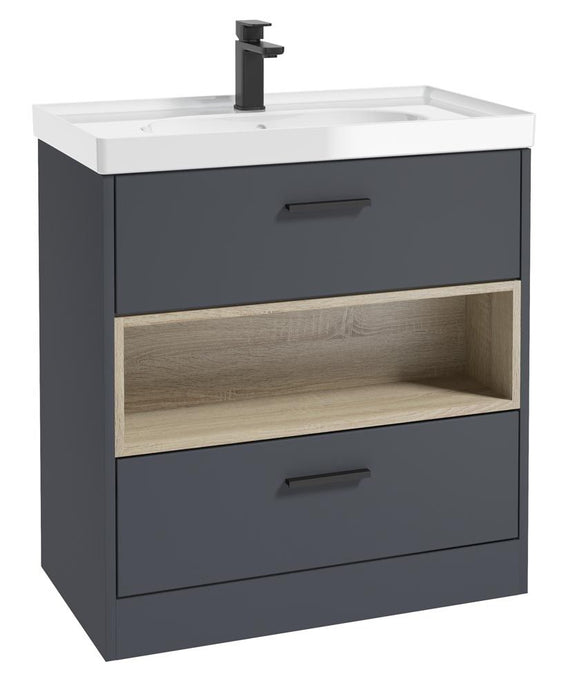 MALMO Floorstanding 80cm Two Drawer Unit Matt Night Sky Blue-Gloss Basin-Black Handles
