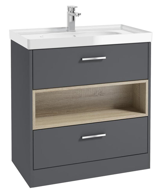 MALMO Floorstanding 80cm Two Drawer Unit Matt Midnight Grey-Gloss Basin-Chrome Handles