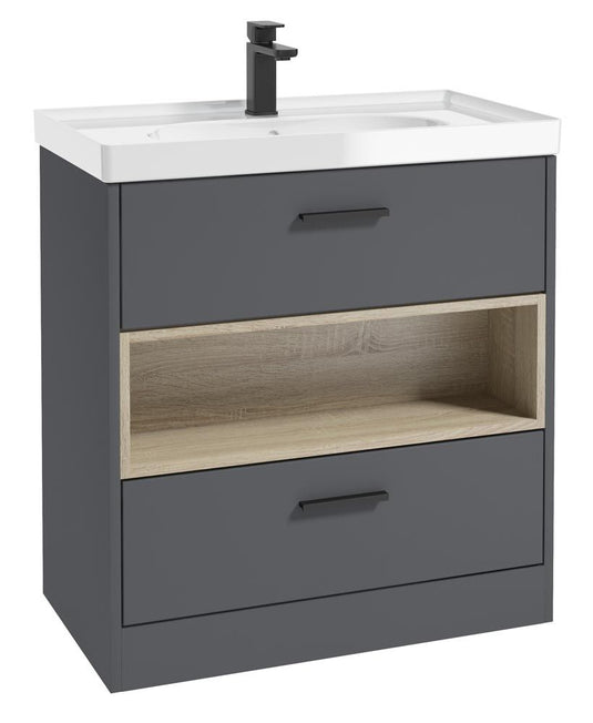 MALMO Floorstanding 80cm Two Drawer Unit Matt Midnight Grey-Gloss Basin-Black Handles