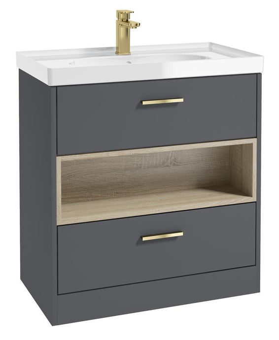 MALMO Floorstanding 80cm Two Drawer Unit Matt Midnight Grey-Gloss Basin-Gold Handles