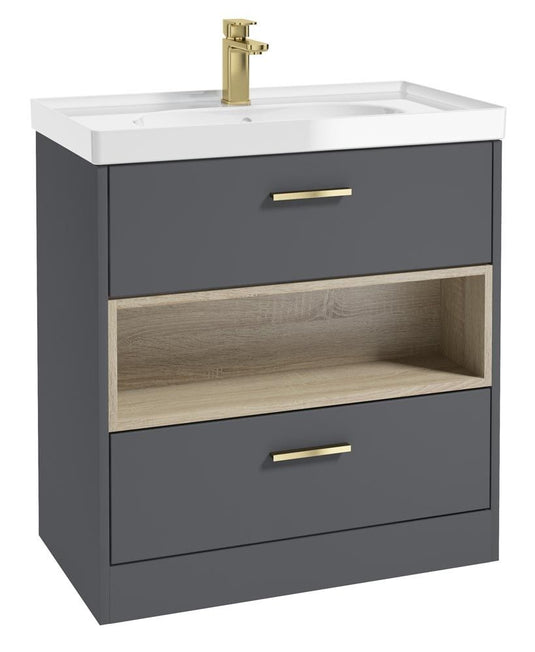 MALMO Floorstanding 80cm Two Drawer Unit Matt Midnight Grey-Gloss Basin-Gold Handles