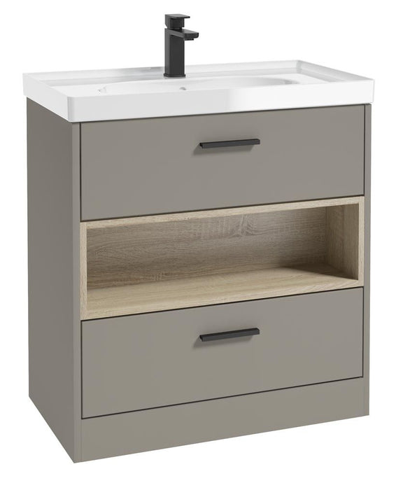 MALMO Floorstanding 80cm Two Drawer Unit Matt Khaki-Gloss Basin-Black Handles