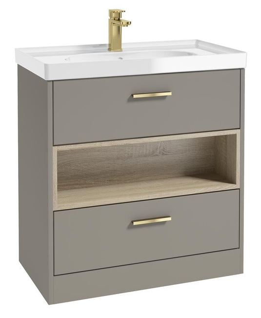 MALMO Floorstanding 80cm Two Drawer Unit Matt Khaki-Gloss Basin-Gold Handles